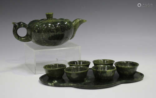 A Chinese green hardstone tea set, 20th century, comprising ...