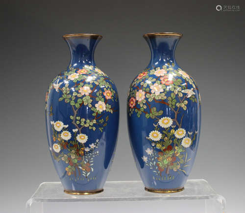 A pair of Japanese cloisonné vases, Meiji period, each elong...