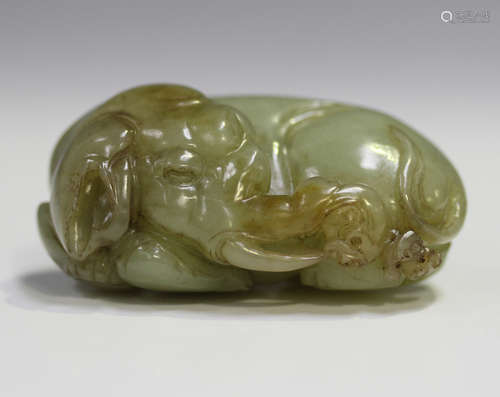 A Chinese carved jade figure of a recumbent elephant, probab...