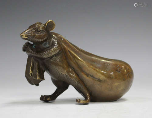 A Japanese brown patinated cast bronze figure of a rat, 20th...