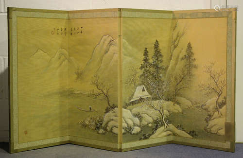 A Chinese four-fold screen, 20th century, painted on silk de...