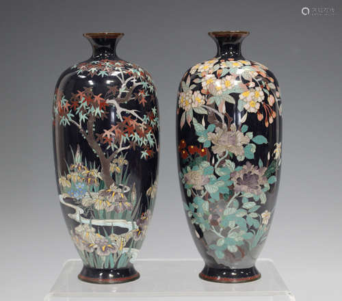 A pair of Japanese cloisonné vases, Meiji period, each elong...