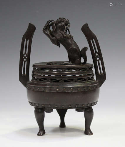 A Chinese brown patinated bronze incense burner and cover, l...