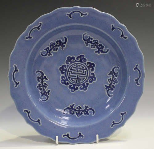 A Chinese pale blue glazed circular dish, mark of Qianlong b...