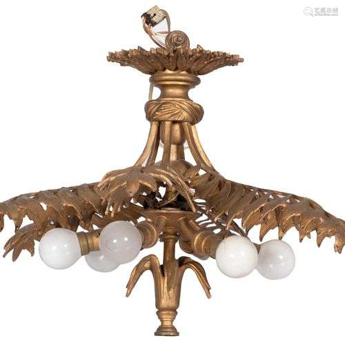 A brass Maison Jansen-style ceiling lamp with fern leafs, 20...