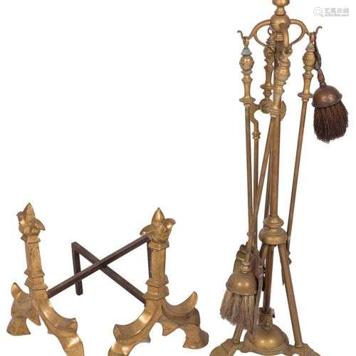 A brass chimney set together with two fire dogs/ andirons, F...