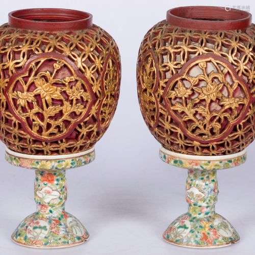 A set of (2) Chinese table lamps on a pocelain pedestal in m...