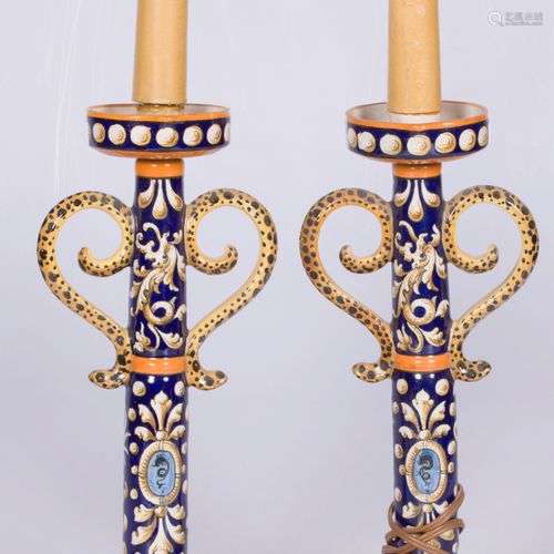 A set of (2) majolica candle holders/ lamp bases, Italy, 20t...