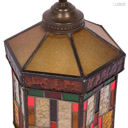 A hexagonal hall lantern with stained glass panels, Dutch, 2...