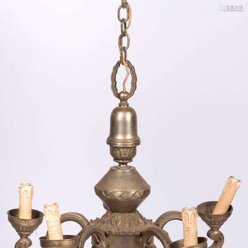 A pewter alloy six light pendant chandelier, Dutch, 20th cen...