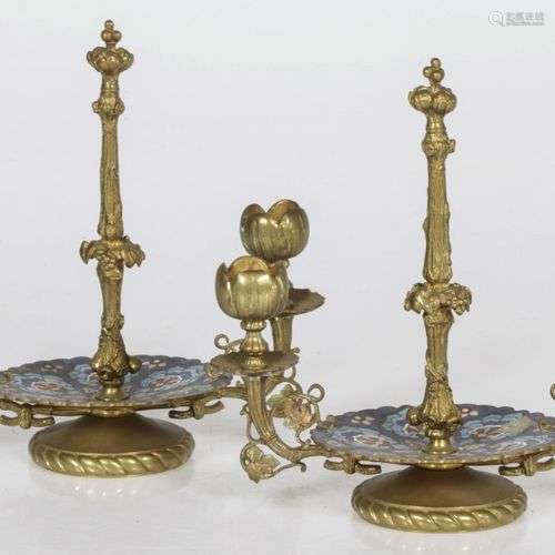 A set of (2) bronze candlesticks with champlevé decoration, ...