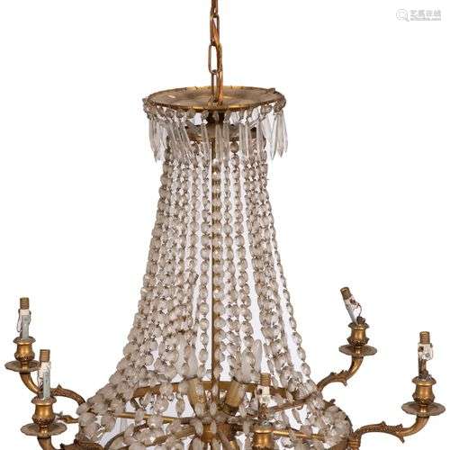 A six light pendant chandelier with glass pendants, France, ...