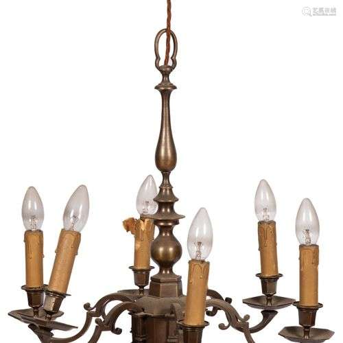 A copper six light pendant chandelier, Dutch, 20th century.