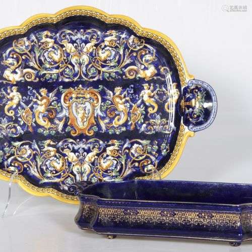 A polychrome decorated serving tray and a jardinière, French...