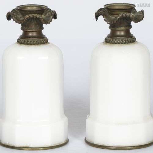 A set of (2) white glass lamp bases with bronze mountings, F...