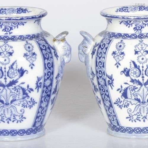 A set of (2) baluster vases, with transfer decor and rams' h...