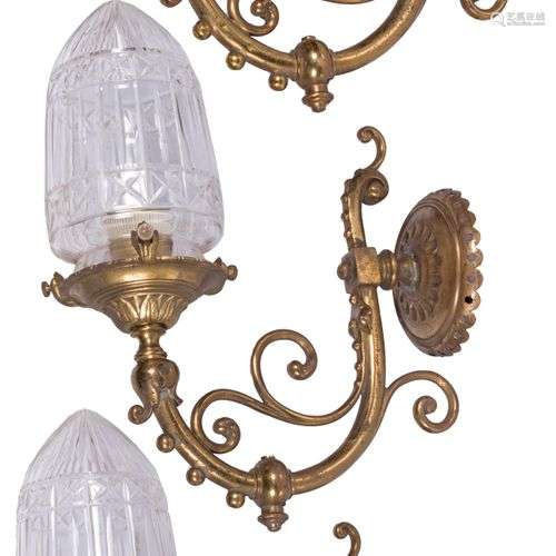 A lot comprised of (3) brass wall lights with pressed glass ...
