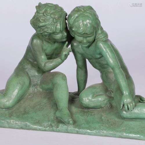 A ZAMAC sculpture of two whispering toddlers, France, 1st ha...