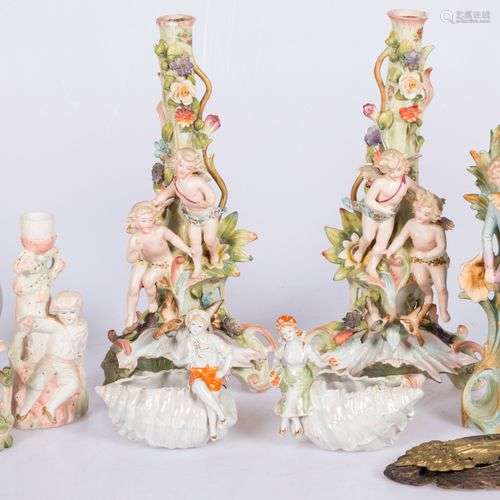 A lot of various porcelain items including two candlesticks.