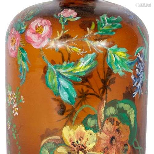 A green glass flask, cold-painted with floral motif, 20th ce...