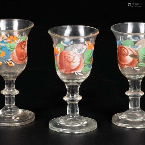 A set of (3) cold-painted liquor glasses, 19th century.