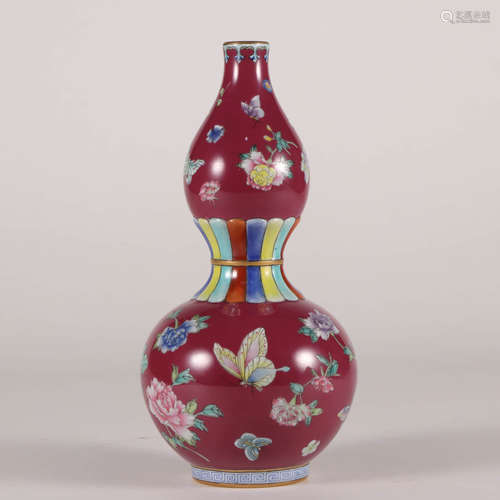 A Rouge Red Glaze Famille Rose Butterfly Double Gourd Shaped...