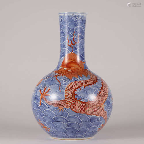 An Underglaze-Blue And Copper Red Dragon And Wave Tianqiupin...