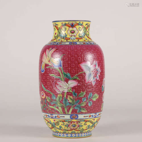 A Rouge Red-Ground Famille Rose Floral Lantern-Formed Vase