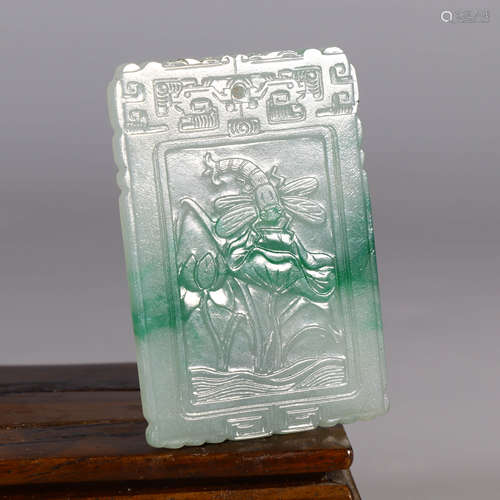 A Carved Jadeite Lotus Pond Plaque Pendant