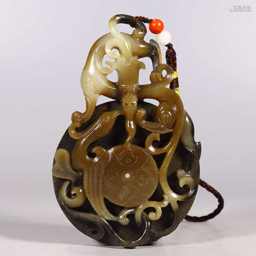 A Carved Hetian White And Brownish Jade Dragon And Phoenix O...