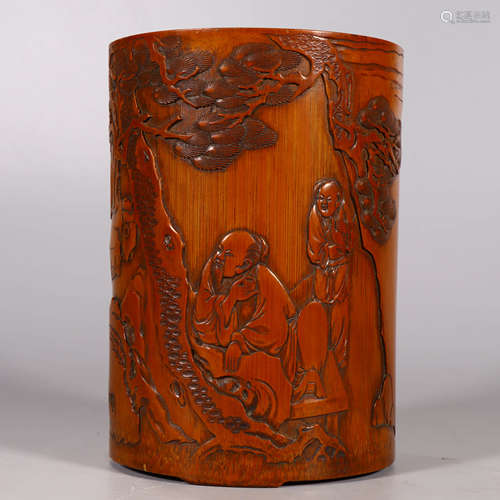 A Carved Bamboo Landscape And Figure Brush Pot