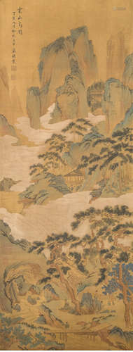 A Chinese Pavilion And Mountain Painting Silk Scroll, Lan Yi...