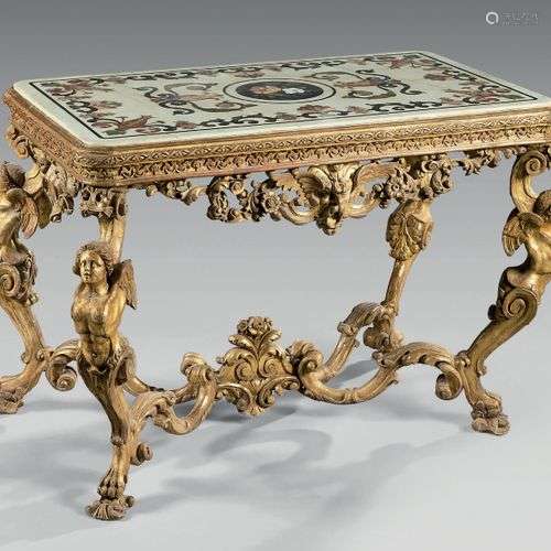 Rare table de milieu en bois mouluré, sculpté, rep…