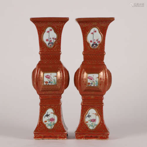 A Pair Of Gilt Rouge Red Glaze And Famille Rose Square Beake...