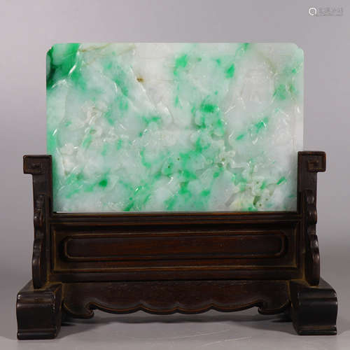 A Carved Jadeite Landscape And Figure Table Screen