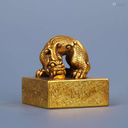 A Gilt Bronze Mythical Beast Square Seal