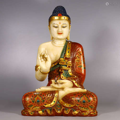 A Polychrome-Enameled Marble Stone Shakyamuni Statue