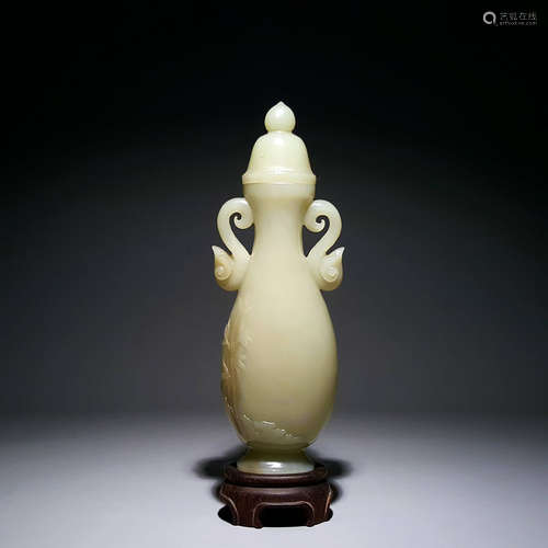 A Hetian Jade Double-Eared Vase And Cover