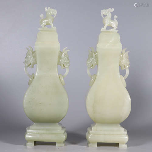 A Pair Of Hetian White Jade Double-Eared Boxes And Covers