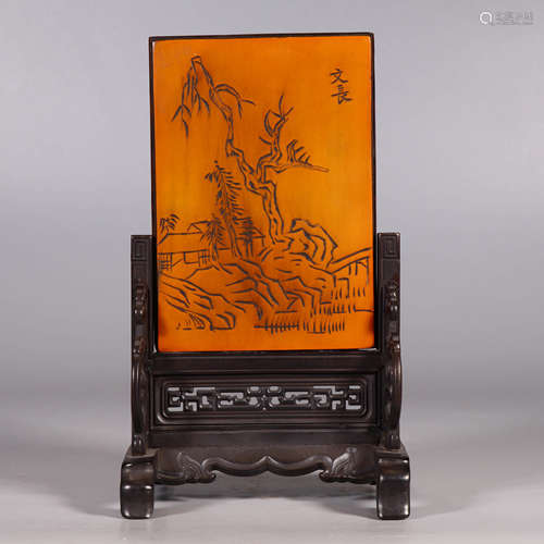 A Incised Bamboo Landscape Table Screen