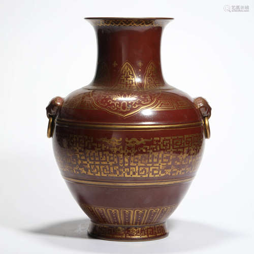 A Gilt Red Glaze Beast-Eared Vase