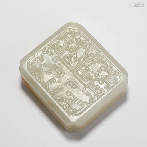 A Carved White Jade Beast Square Seal Box And Cover