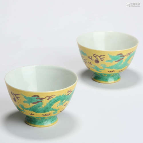 A Pair Of Yellow-Ground And Green Enameled Dragon Cups