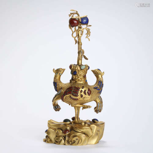 A Gems Inlaid And Gilt Double Head Beast Ornament