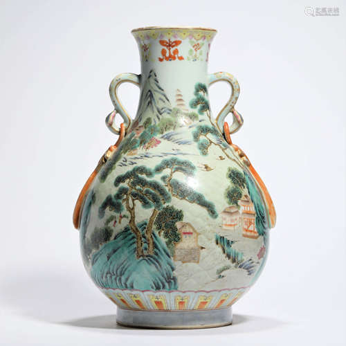 A Famille Rose Landscape Ruyi-Eared Vase