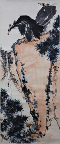 A Chinese Eagles Painting Scroll, Pan Tianshou Mark