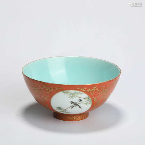 A Gilt Coral Red-Glaze Scenery And Birds Bowl