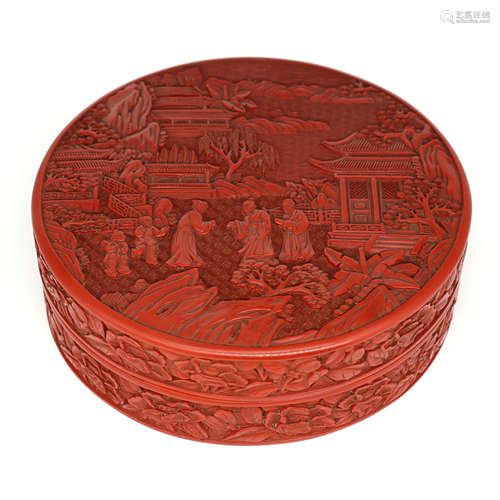 A Carved Cinnabar Lacquerware Figural Round Box And Cover