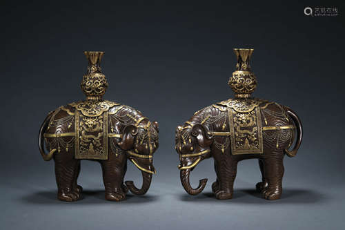 A Pair Of Gilt Bronze Elephant Ornaments