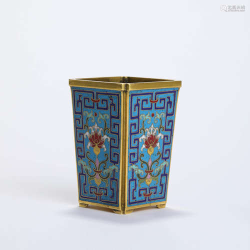 A Gilt Cloisonne Enamel Interlocking Lotus Square Brush Pot